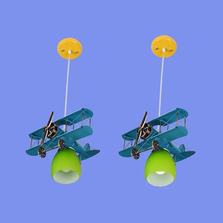 Modern eigentijds gevechtsvliegtuig kroonluchter metalen hanglamp voor kinderslaapkamer, blauw/rood/geel Clearhalo