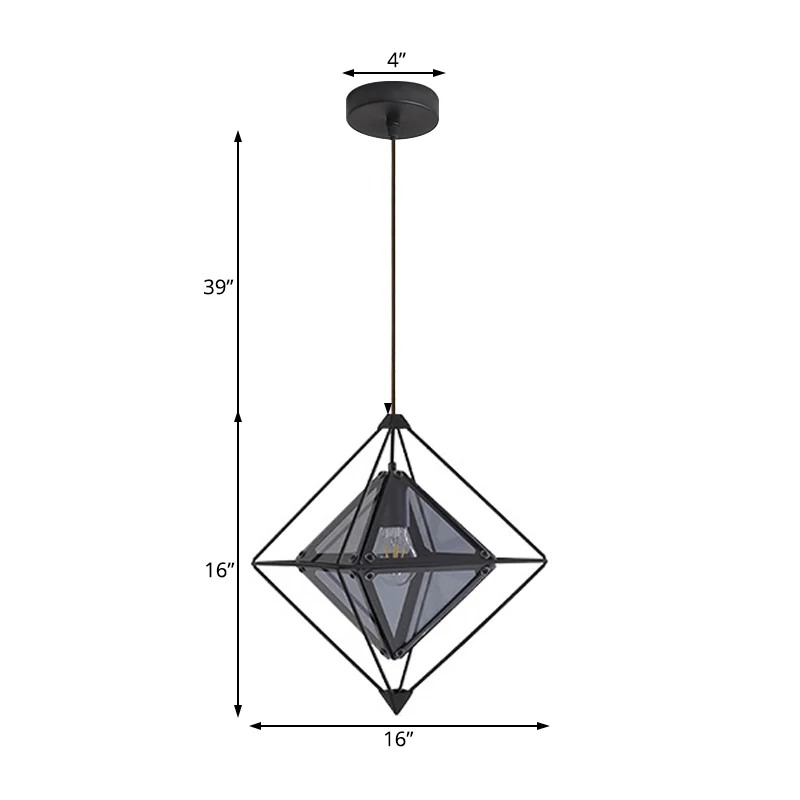 Moderne 1-lichts hanglamp met amber/rookgrijze glazen kap, veelhoekige plafondlamp met zwart/gouden frame Clearhalo