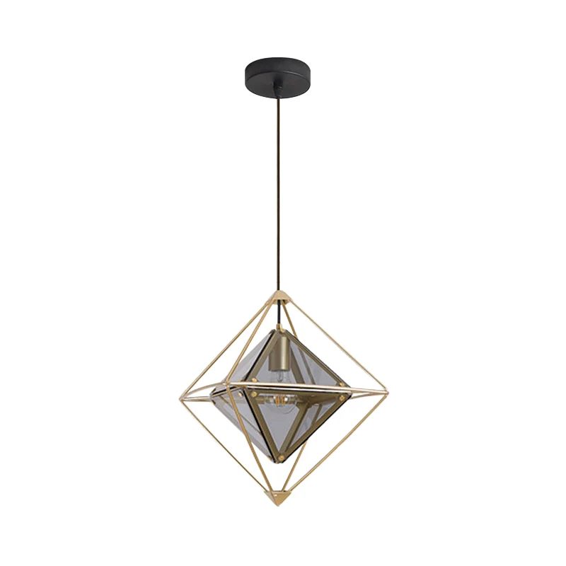 Moderne 1-lichts hanglamp met amber/rookgrijze glazen kap, veelhoekige plafondlamp met zwart/gouden frame Clearhalo
