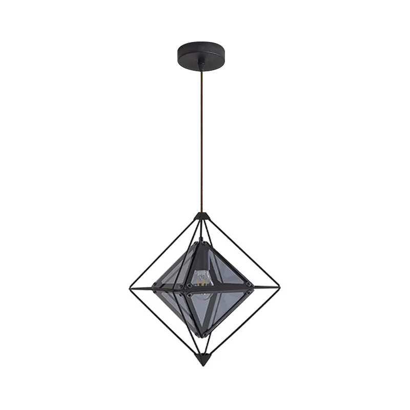 Moderne 1-lichts hanglamp met amber/rookgrijze glazen kap, veelhoekige plafondlamp met zwart/gouden frame Clearhalo