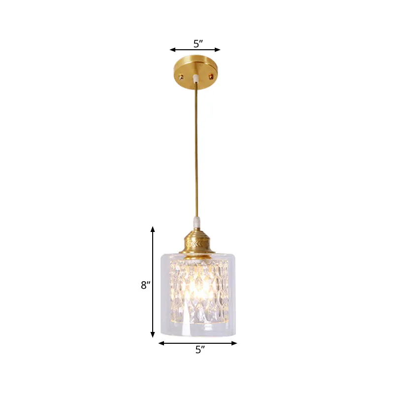 Moderne 1-lichts hanglamp met dubbele helderglazen kap, messing cilinder hangende plafondlamp Clearhalo