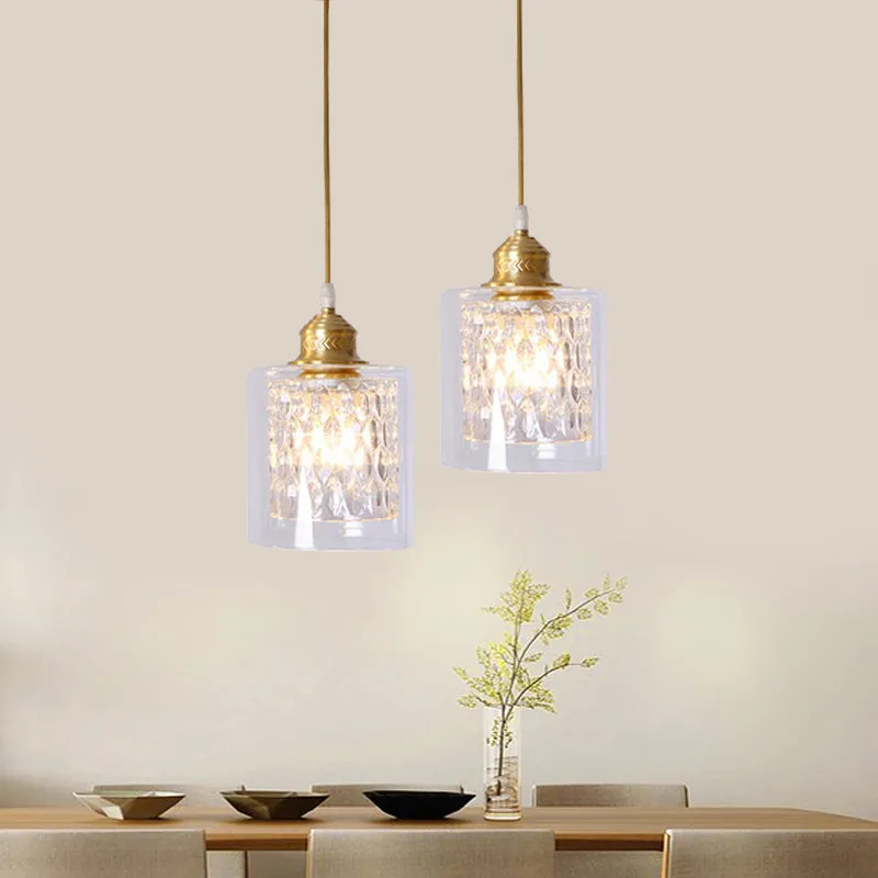 Moderne 1-lichts hanglamp met dubbele helderglazen kap, messing cilinder hangende plafondlamp Clearhalo