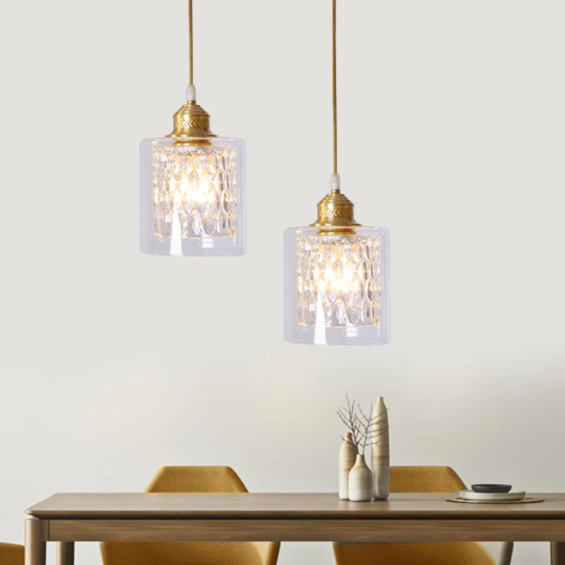 Moderne 1-lichts hanglamp met dubbele helderglazen kap, messing cilinder hangende plafondlamp Clearhalo