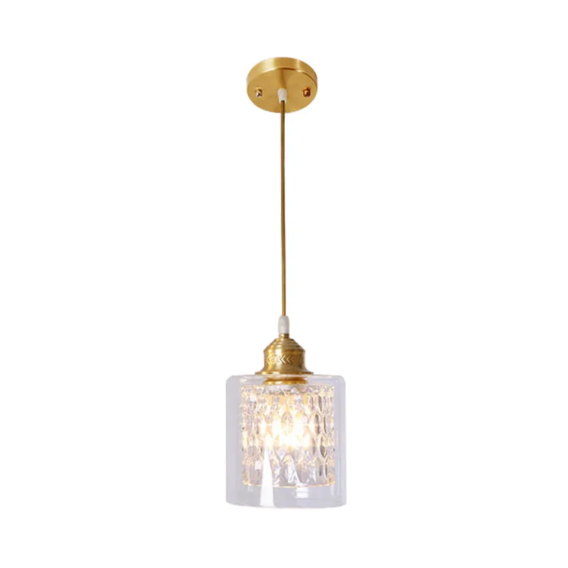 Moderne 1-lichts hanglamp met dubbele helderglazen kap, messing cilinder hangende plafondlamp Clearhalo