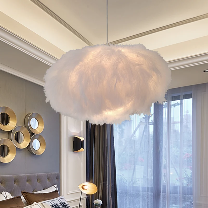 Moderne 1-lichts plafondlamp met witte verenwolkvormige hanglamp met stoffen kap Clearhalo