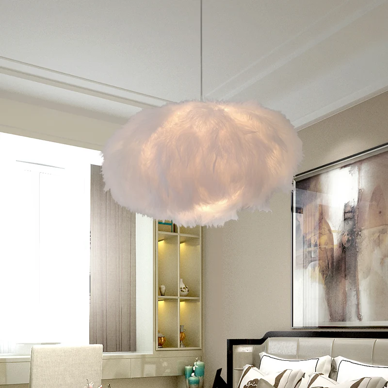 Moderne 1-lichts plafondlamp met witte verenwolkvormige hanglamp met stoffen kap Clearhalo