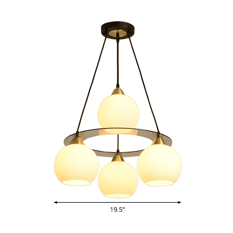 Moderne 4-kops kroonluchter licht zwart en goud bolvormige plafond hanglamp met opaal glazen kap Clearhalo
