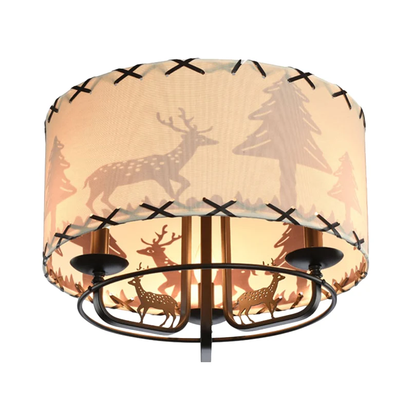 Moderne, beige, semi-inbouwlamp voor kinderkamer met 3 lampen en lampenkap van trommelstof Clearhalo