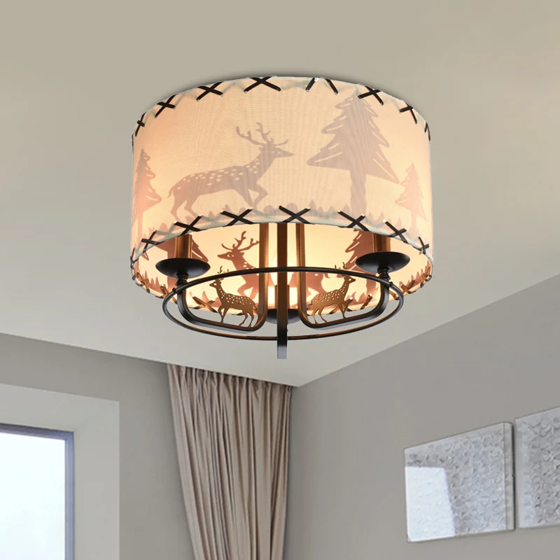 Moderne, beige, semi-inbouwlamp voor kinderkamer met 3 lampen en lampenkap van trommelstof Clearhalo