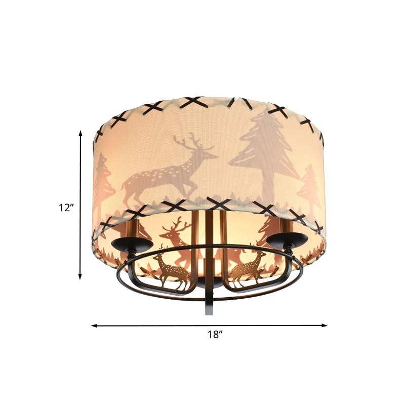Moderne, beige, semi-inbouwlamp voor kinderkamer met 3 lampen en lampenkap van trommelstof Clearhalo