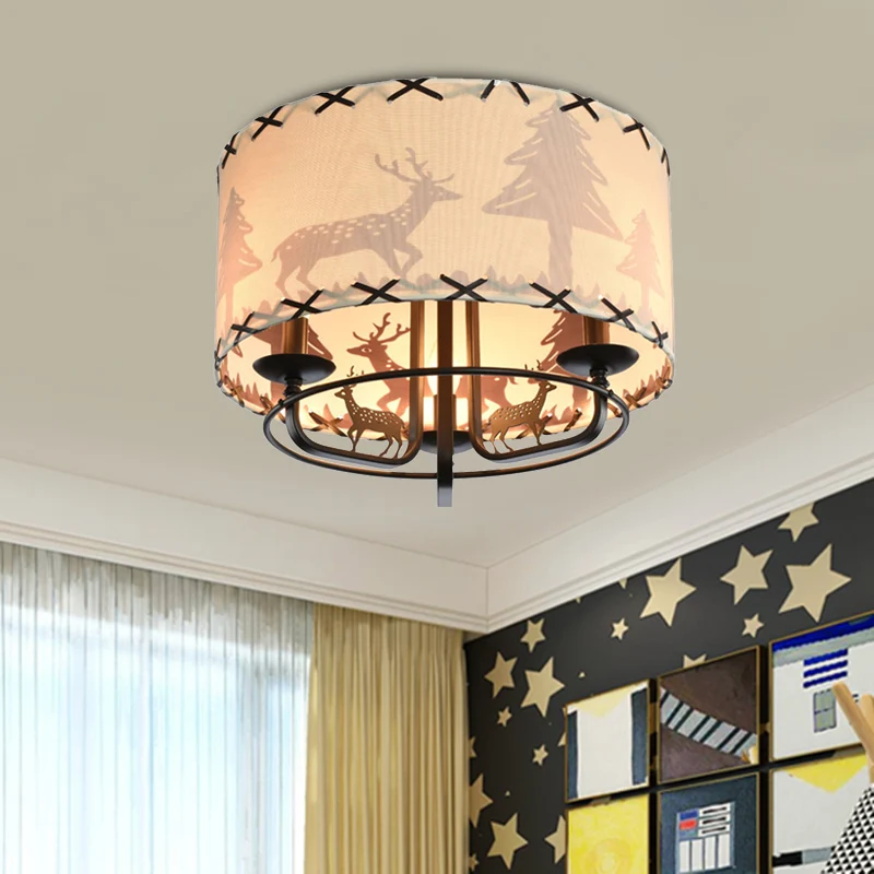 Moderne, beige, semi-inbouwlamp voor kinderkamer met 3 lampen en lampenkap van trommelstof Clearhalo