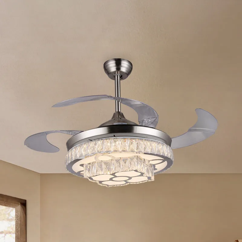 Moderne bloem LED-plafondventilator 42,5 "brede 3-bladige kristallen ingelegde semi-inbouwlamp nikkel Clearhalo