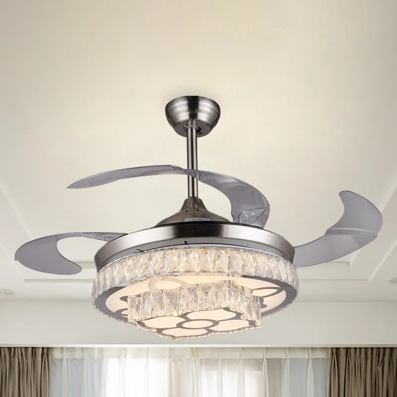Moderne bloem LED-plafondventilator 42,5 "brede 3-bladige kristallen ingelegde semi-inbouwlamp nikkel Clearhalo