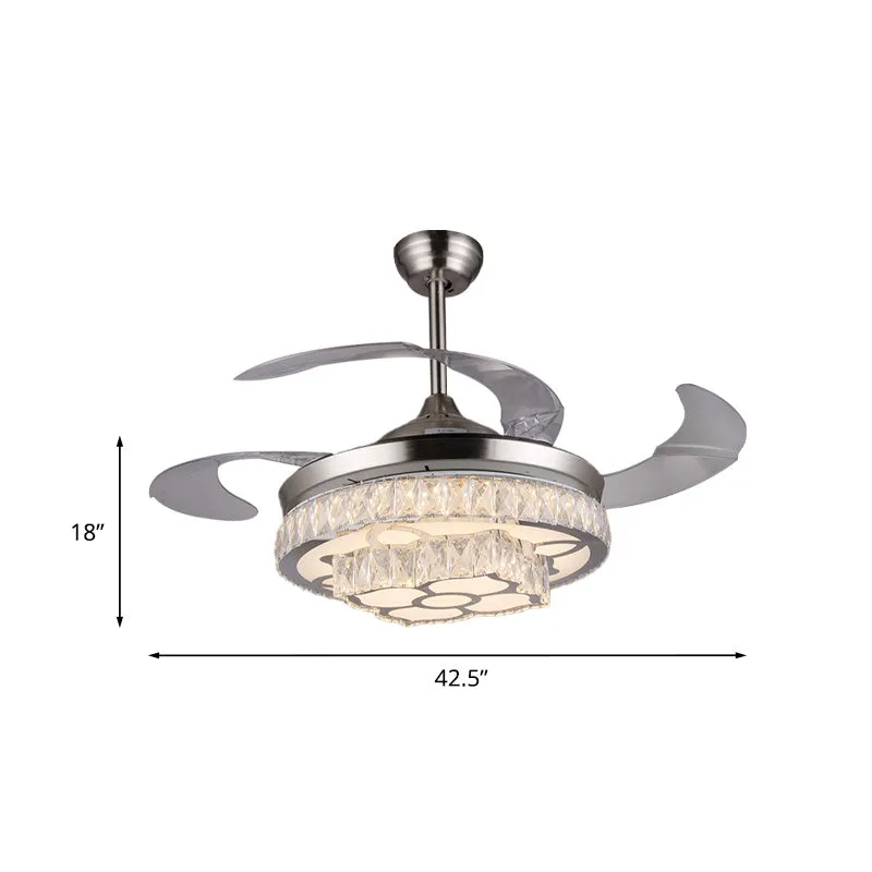 Moderne bloem LED-plafondventilator 42,5 "brede 3-bladige kristallen ingelegde semi-inbouwlamp nikkel Clearhalo