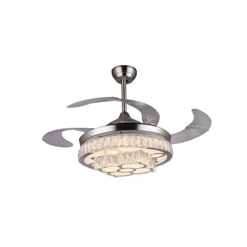 Moderne bloem LED-plafondventilator 42,5 "brede 3-bladige kristallen ingelegde semi-inbouwlamp nikkel Clearhalo
