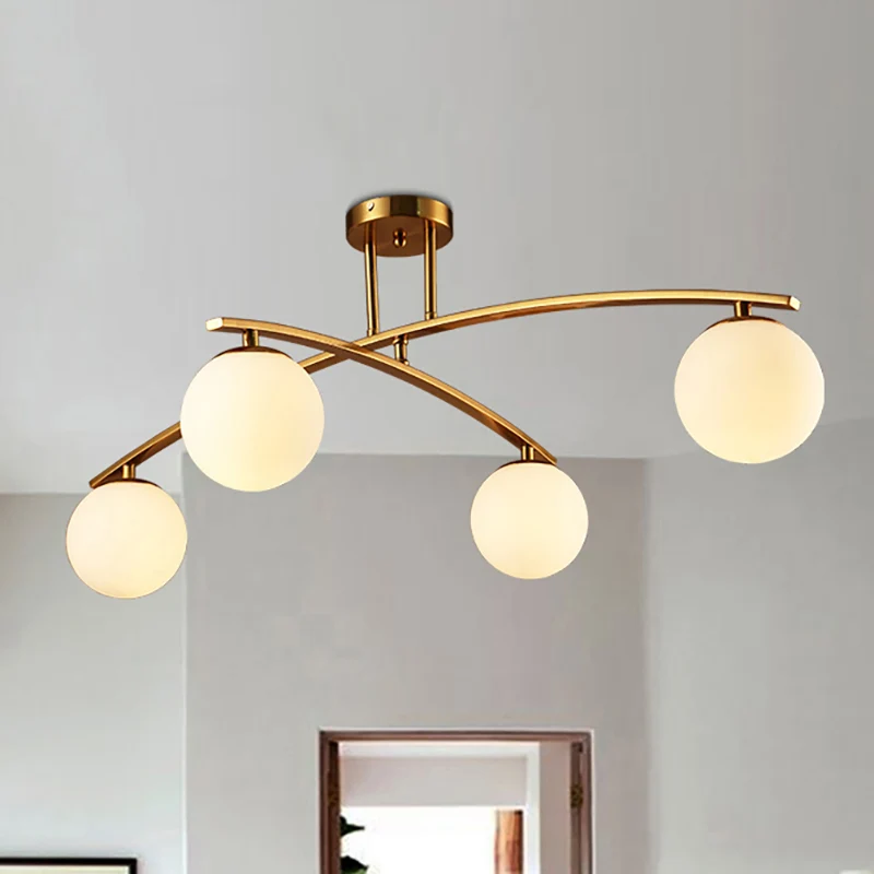 Moderne bolschaduw semi-plafondmontage licht opaalglas gouden plafondlamp voor studeerkamer Clearhalo