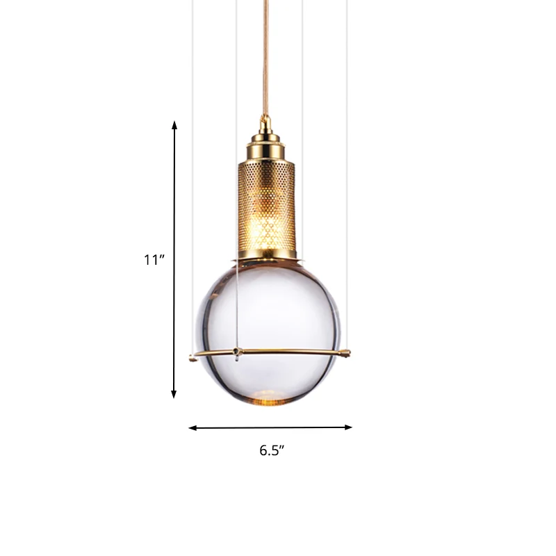 Moderne bolvormige hanglamp helder kristal 1-lichts LED-slaapkamerhanglamp met gouden gaaskooi warm/wit licht Clearhalo