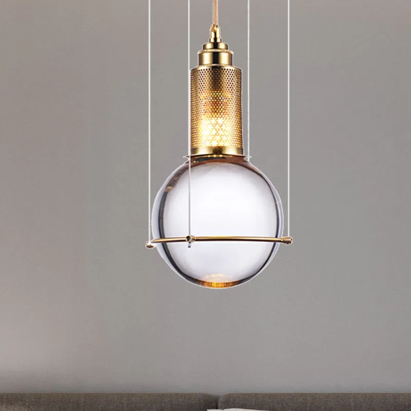 Moderne bolvormige hanglamp helder kristal 1-lichts LED-slaapkamerhanglamp met gouden gaaskooi warm/wit licht Clearhalo