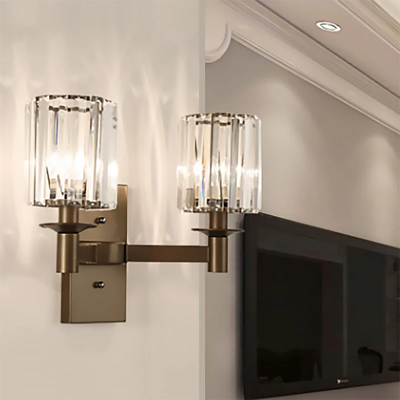 Moderne cilinderwandkandelaar van helder glas, slaapkamerwandlamp met 1/2 lamp en rechthoekige achterplaat brons Clearhalo