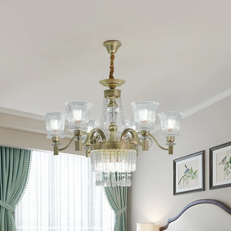 Moderne conische hanglamp met 6/9 koppen heldere kristallen kroonluchterlamp goud voor slaapkamer Clearhalo