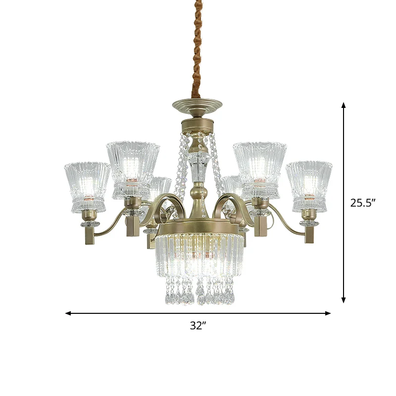Moderne conische hanglamp met 6/9 koppen heldere kristallen kroonluchterlamp goud voor slaapkamer Clearhalo
