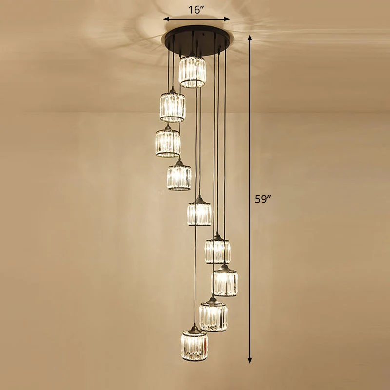 Moderne Drum Multi Light Hanger Tri-Prisma Kristallen Trap Hangende Verlichting Zwart Clearhalo