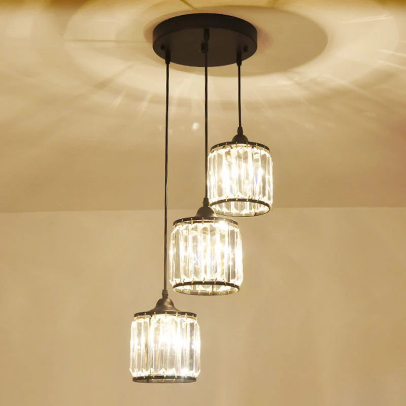 Moderne Drum Multi Light Hanger Tri-Prisma Kristallen Trap Hangende Verlichting Zwart Clearhalo