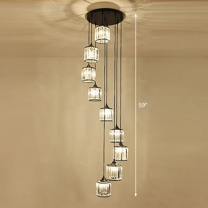 Moderne Drum Multi Light Hanger Tri-Prisma Kristallen Trap Hangende Verlichting Zwart Clearhalo