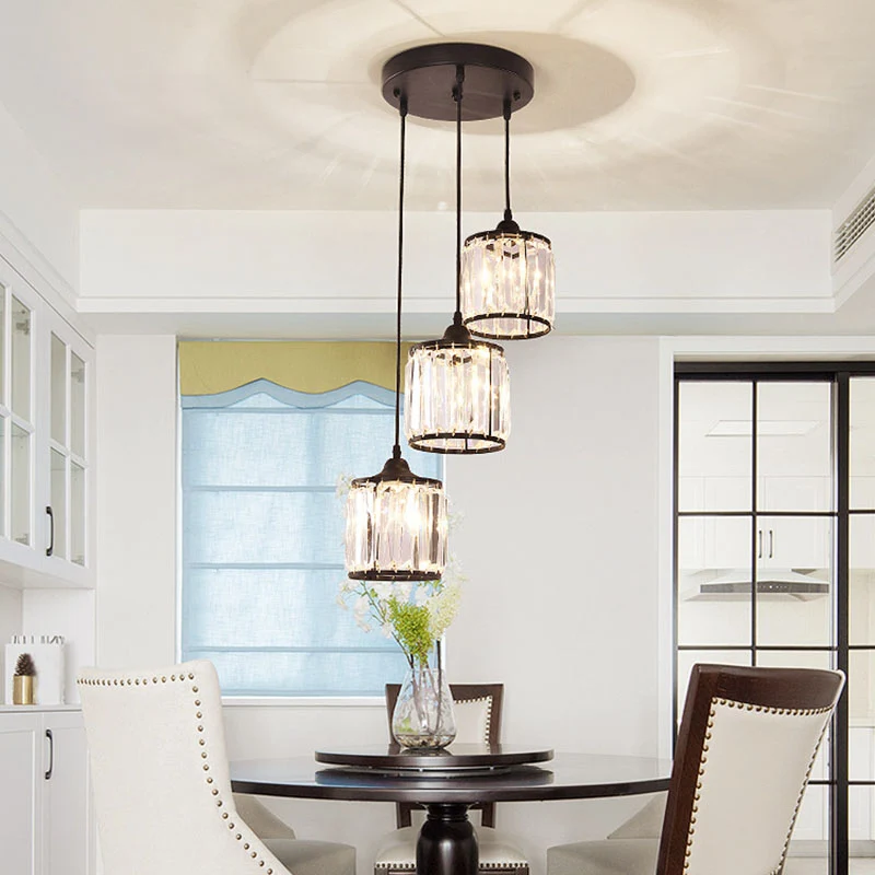 Moderne Drum Multi Light Hanger Tri-Prisma Kristallen Trap Hangende Verlichting Zwart Clearhalo