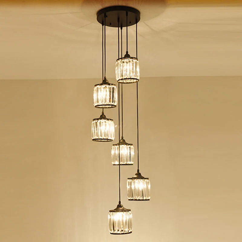 Moderne Drum Multi Light Hanger Tri-Prisma Kristallen Trap Hangende Verlichting Zwart Clearhalo