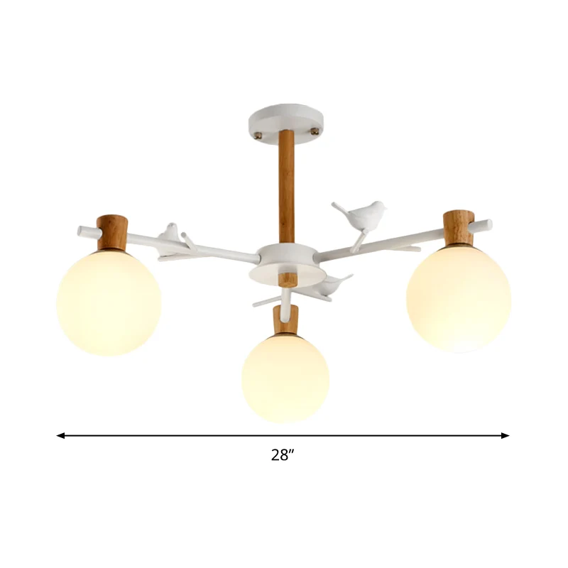 Moderne Globe kroonluchter licht wit glas 3 lampen slaapkamer hangende verlichtingsarmatuur met vogel Clearhalo