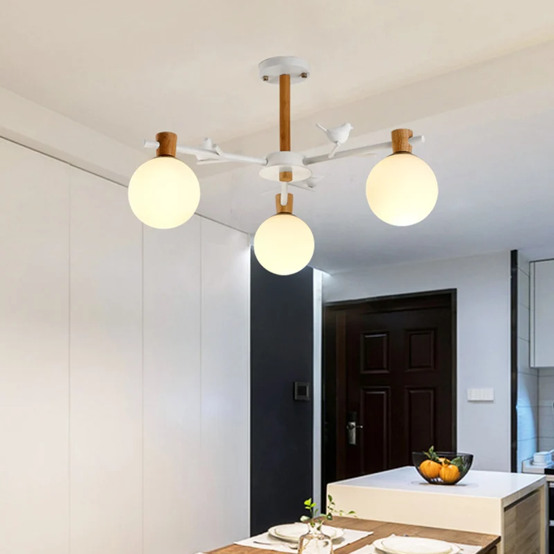 Moderne Globe kroonluchter licht wit glas 3 lampen slaapkamer hangende verlichtingsarmatuur met vogel Clearhalo