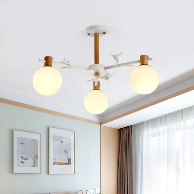 Moderne Globe kroonluchter licht wit glas 3 lampen slaapkamer hangende verlichtingsarmatuur met vogel Clearhalo