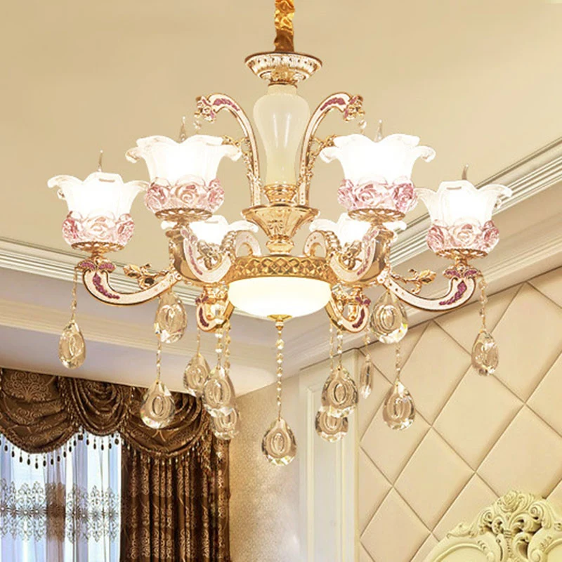 Moderne hangende bloemkroonluchter van matglas de woonkamer met hangend kristallen accent Clearhalo