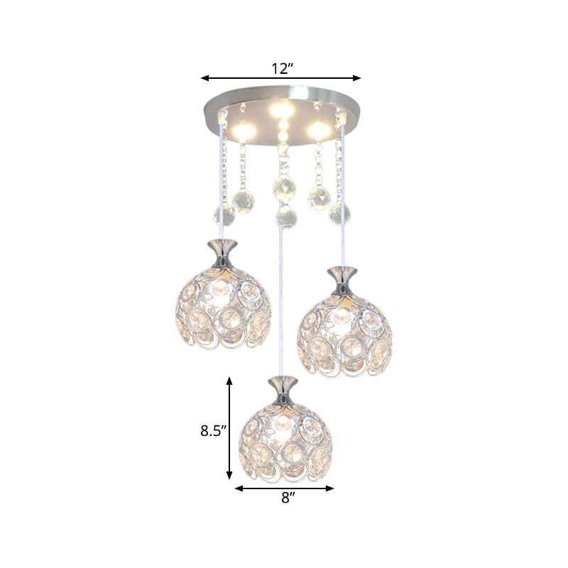 Moderne hangende hanglamp met zilveren afwerking en koepelvormige, met kristallen ingelegde lampenkap Clearhalo