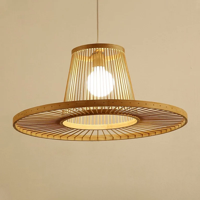 Moderne hoedvormige hanglamp bamboe 1-kops eetkamer slingerlamp beige Clearhalo