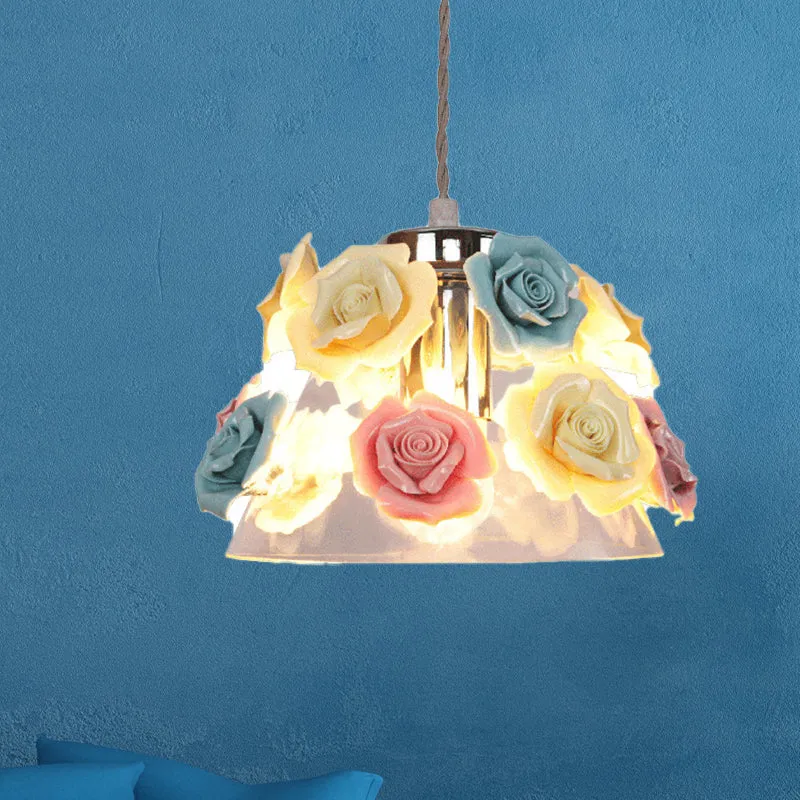 Moderne kegelhangende plafondlamp helder glas 1 kop woonkamer hanglamp met blauw-roze-gele bloem keramiek ontwerp Clearhalo