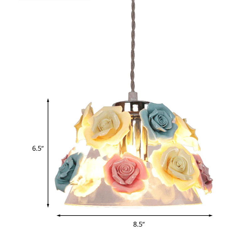 Moderne kegelhangende plafondlamp helder glas 1 kop woonkamer hanglamp met blauw-roze-gele bloem keramiek ontwerp Clearhalo