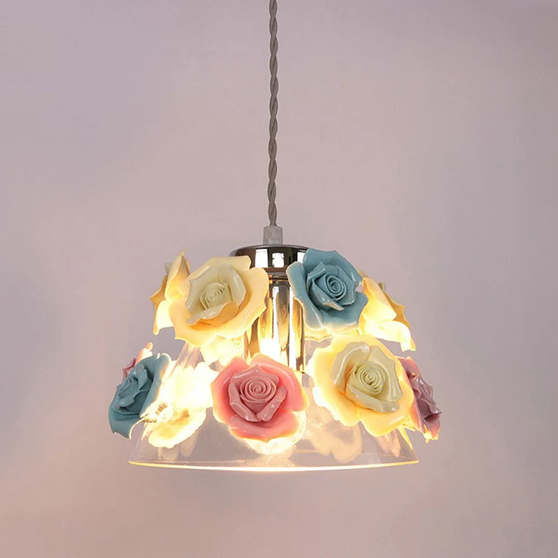 Moderne kegelhangende plafondlamp helder glas 1 kop woonkamer hanglamp met blauw-roze-gele bloem keramiek ontwerp Clearhalo