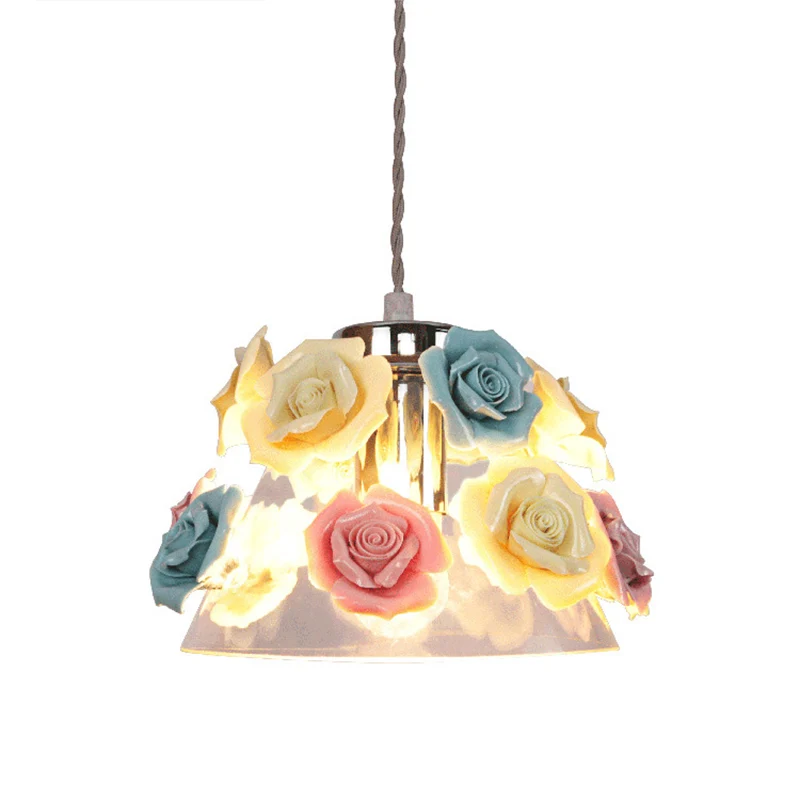 Moderne kegelhangende plafondlamp helder glas 1 kop woonkamer hanglamp met blauw-roze-gele bloem keramiek ontwerp Clearhalo