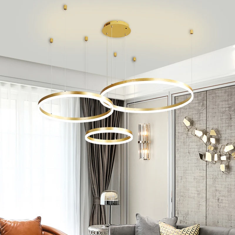 Moderne kroonluchter met 3/4 niveaus, metallic woonkamercirkel LED-hanglamp goud/koffie, warm/wit licht Clearhalo
