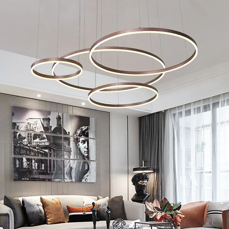 Moderne kroonluchter met 3/4 niveaus, metallic woonkamercirkel LED-hanglamp goud/koffie, warm/wit licht Clearhalo