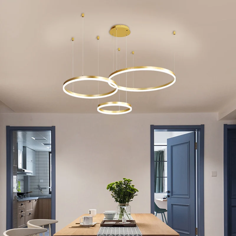 Moderne kroonluchter met 3/4 niveaus, metallic woonkamercirkel LED-hanglamp goud/koffie, warm/wit licht Clearhalo