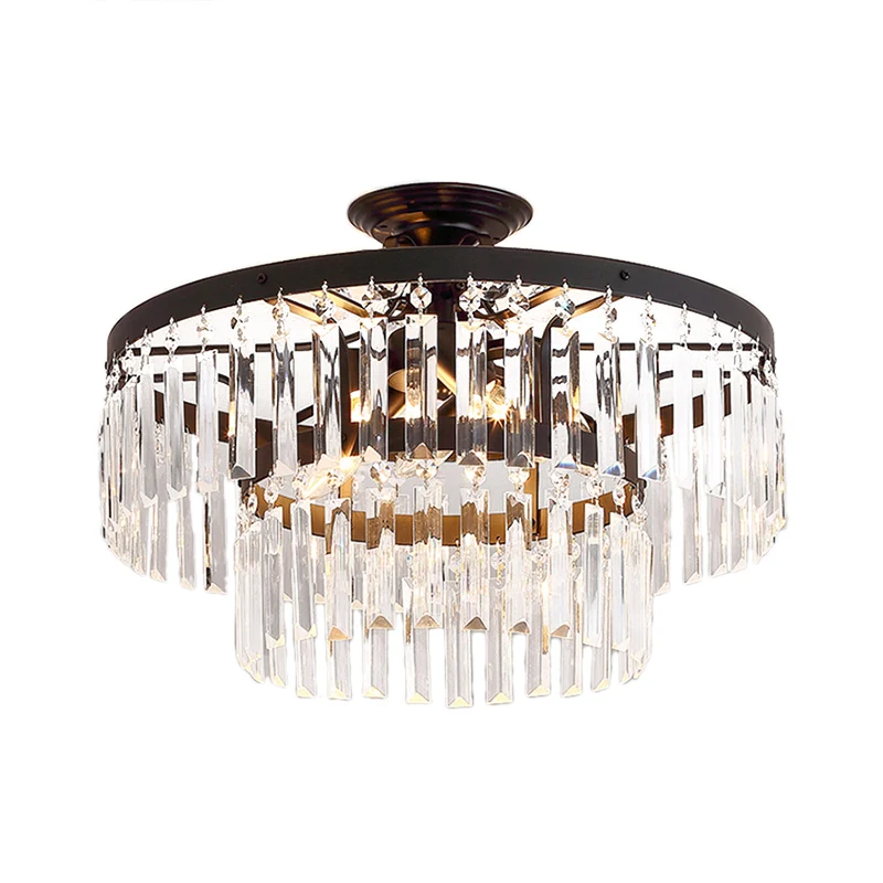 Moderne 2 lagen semi-inbouwlamp driezijdige kristallen staaf 5 lampen woonkamer plafondarmatuur zwart/goud Clearhalo