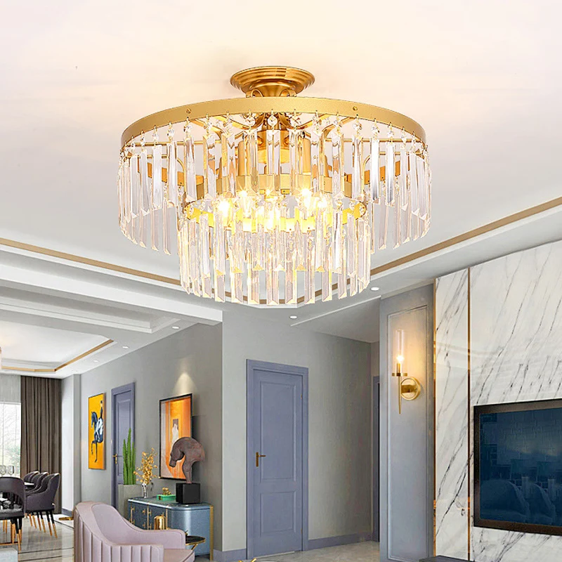 Moderne 2 lagen semi-inbouwlamp driezijdige kristallen staaf 5 lampen woonkamer plafondarmatuur zwart/goud Clearhalo