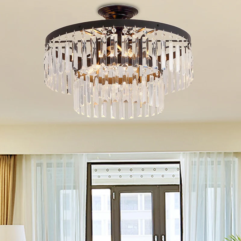Moderne 2 lagen semi-inbouwlamp driezijdige kristallen staaf 5 lampen woonkamer plafondarmatuur zwart/goud Clearhalo