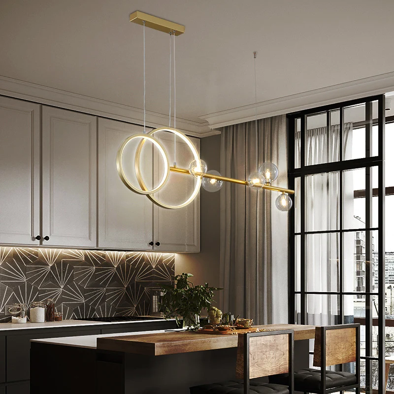 Moderne lineaire en ringvormige LED-hanglamp, metalen eetkamer, hangend eilandlicht met helderglazen kap Clearhalo