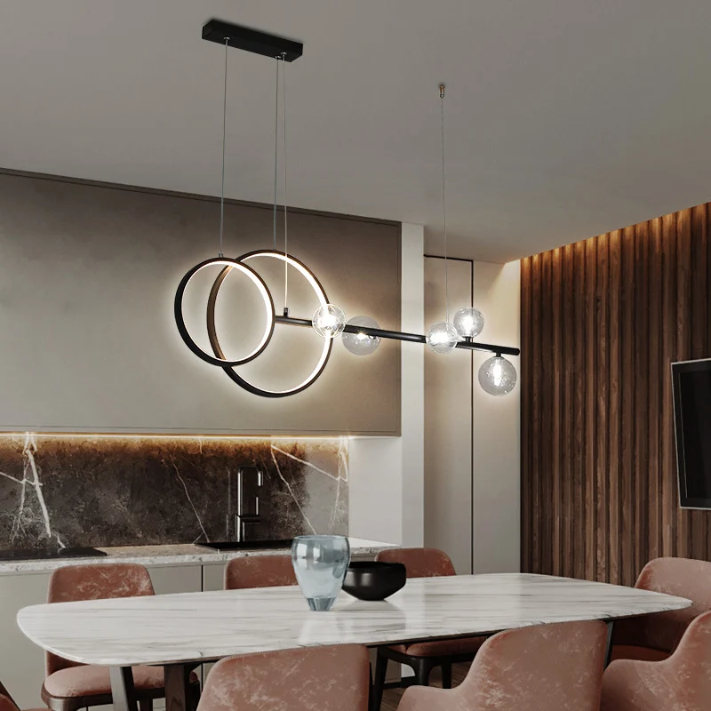 Moderne lineaire en ringvormige LED-hanglamp, metalen eetkamer, hangend eilandlicht met helderglazen kap Clearhalo