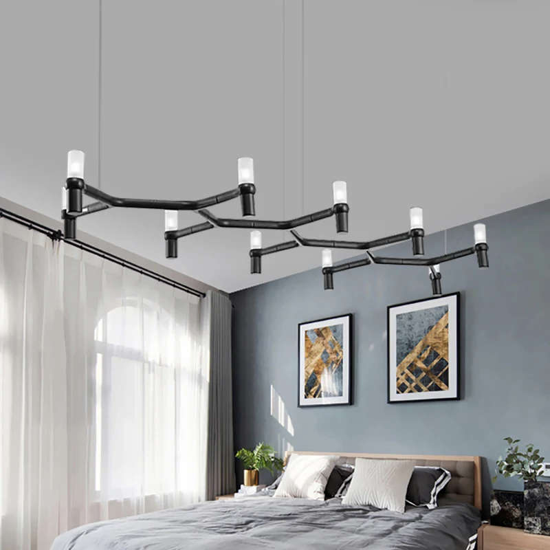 Moderne plafondhanger met 10 koppen en aluminium kap. Zwart/wit/chroom/gouden buishanglamp boven eiland Clearhalo