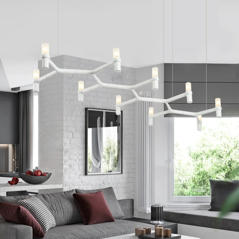 Moderne plafondhanger met 10 koppen en aluminium kap. Zwart/wit/chroom/gouden buishanglamp boven eiland Clearhalo